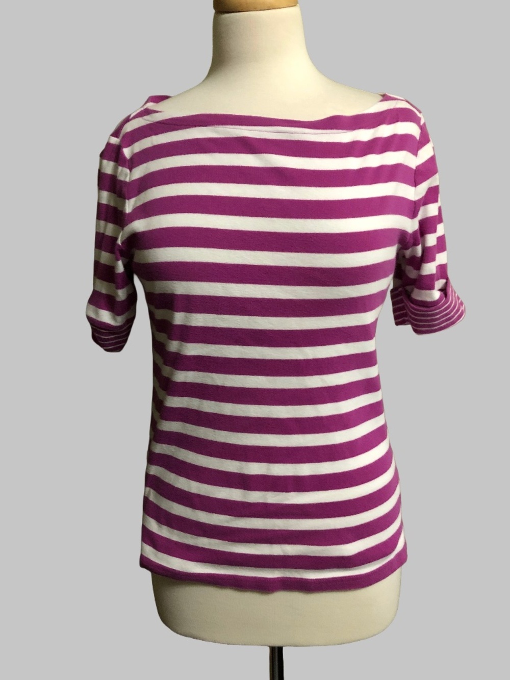 Lauren Ralph Lauren Purple & White Striped Boatneck Cotton Top - Size M